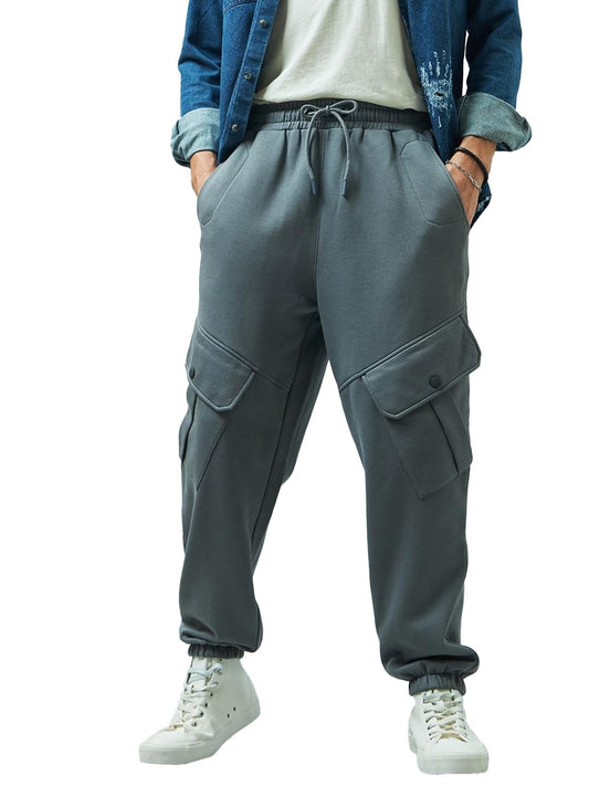 Bewakoof Heavy Duty 1.0 Mens Solid Super Loose Fit Fleece Cargo Joggers_ 617467_Grey_XL