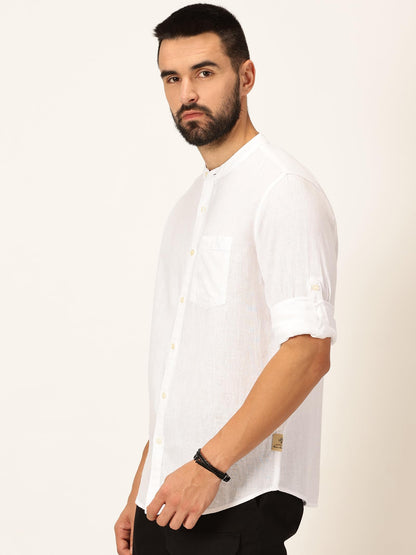 Thomas Scott Cotton Linen Mandarin Collar Roll Up Sleeve Casual Shirt for Mens