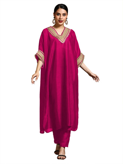 Varanga Women-Zari Embroidered Lace Neck Flared Kaftan With Trouser