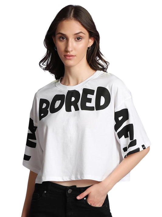 Bewakoof Womens Bored Typography Cotton Top - Oversized Fit, Round Neck, Short Sleeves_582038_White_XS