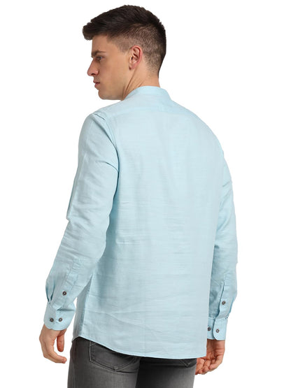 Turtle Men 100% Cotton Light Blue Solid Slim Fit Casual Kurta Shirt