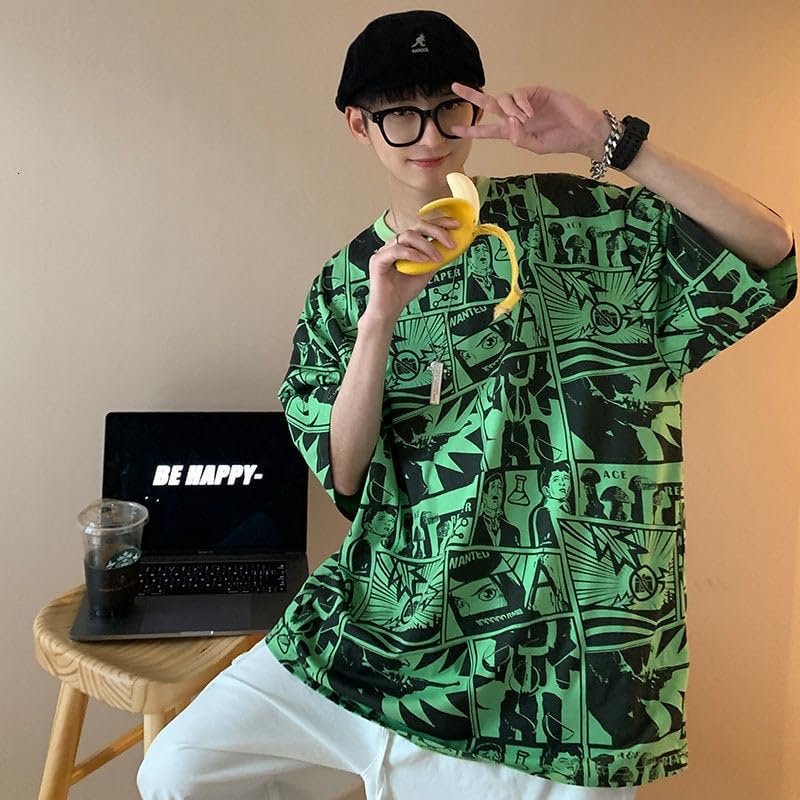 Thalasi Comic All Over Printed Green Anime Oversized T Shirts For Men - Drop Shoulder Loose Fit Cotton T-Shirt - Trending Naruto