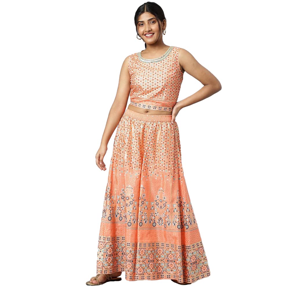 Aurelia Women Peach Crop Top with Blue Flared Gilet and Peach Palazzo