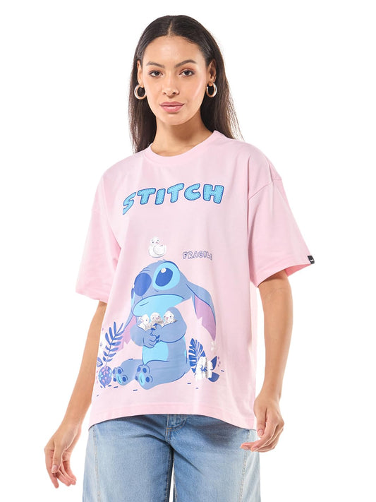 Bewakoof Heavy Duty 1.0 Official Disney Merchandise StitchwomenS Graphic Print Oversized Fit Half Sleeve Round Neck Terry T-Shir