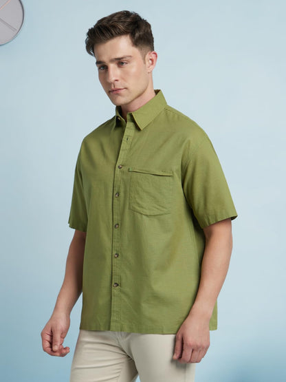 Dennis Lingo Men Cotton Relaxed Fit Textured Shirts Green