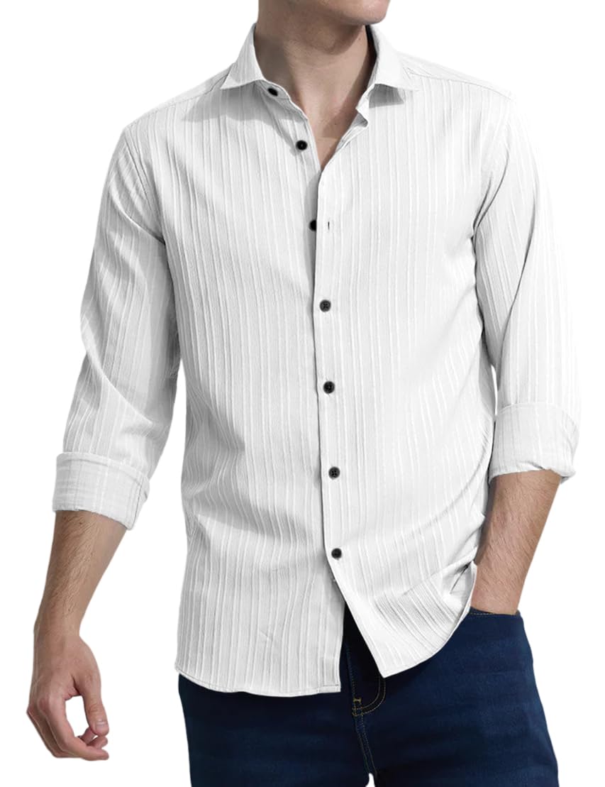 Finivo Fashion MenS Casual Cotton Plain Button Down Shirts Full Sleeve Textured Summer Beach Shirt For Men White