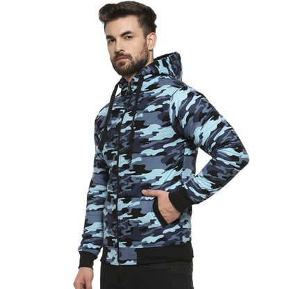 Campus Sutra Mens Light Blue Camouflage Regular Fit Cotton Jacket For Winter Wear,Hooded Collar,Full Sleeve,Zipper,Casual Jacke