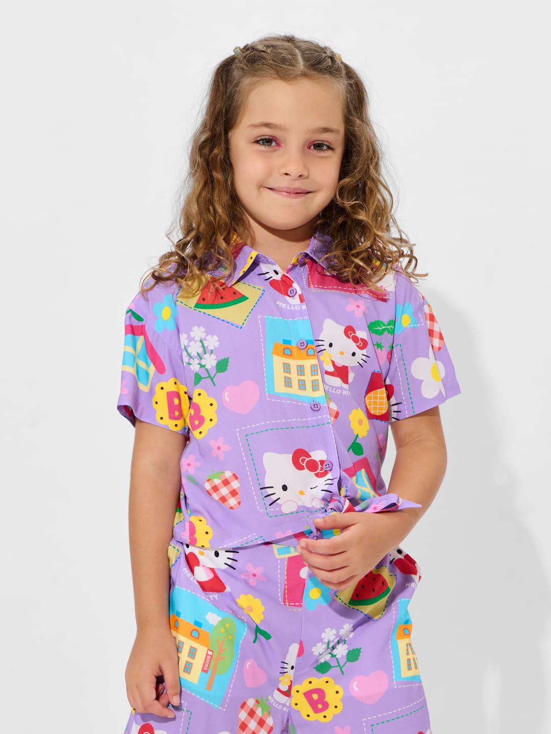 The Souled Store Hello Kitty: Bows & Blooms Young Girls Short Sleeves Collared Neck Button Front Purple All Over Printed Cotton