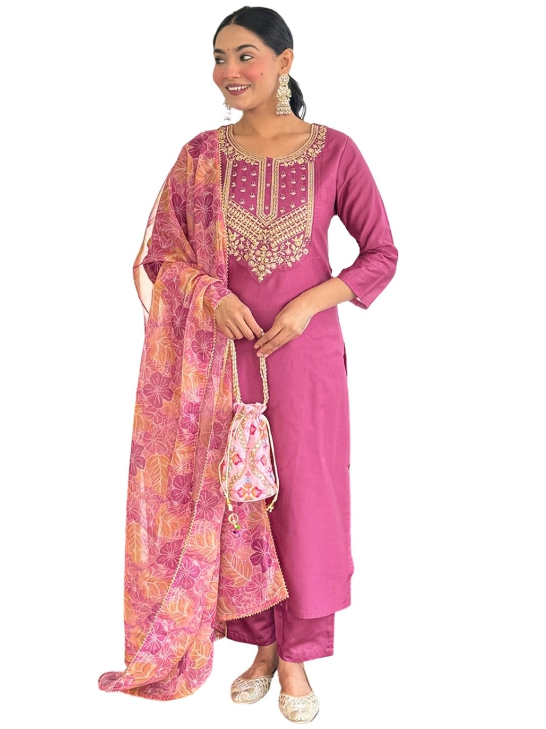 Naixa WomenS Rayon Digital Embroidery Work Casual Wear Straight Kurta With Rayon Bottom Wear And Tabby Dupatta Set (Nx2-717-Pin