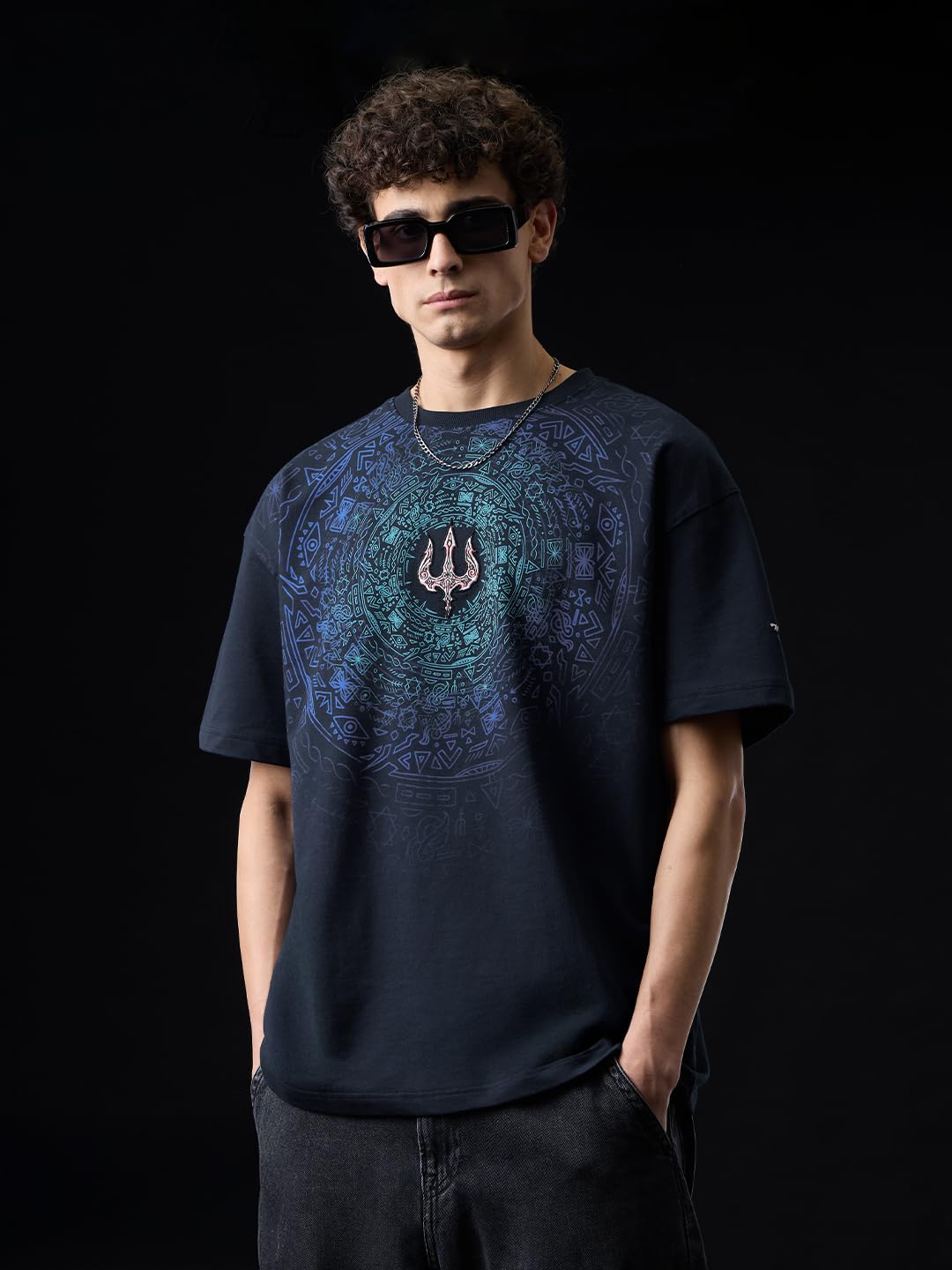 The Souled Store Trident Men and Boys Short Sleeves Roud Neck Blue Graphic Printed Cotton Oversized T-Shirts