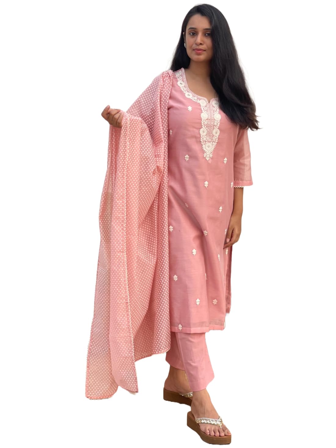 Gosriki WomenS Cotton Blend Straight Embroidered Kurta With Pant & Dupatta (Yearend Pink-Gs_Xxl_Pink_Xx-Large)