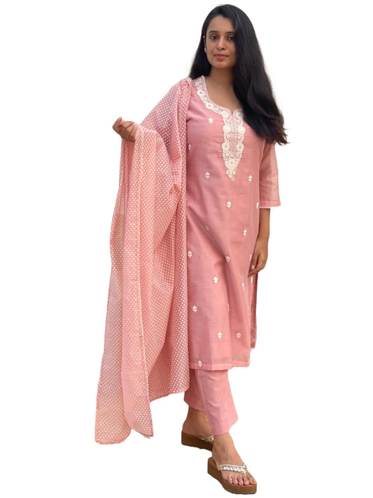 Gosriki WomenS Cotton Blend Straight Embroidered Kurta With Pant & Dupatta (Yearend Pink-Gs_Xxl_Pink_Xx-Large)