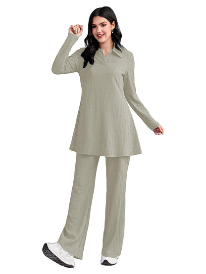 Tadkee WomenS Polyester Solid Color Two-Piece Set | Long Sleeve Top & Wide Leg Pants Co-Ord Set | Casual Wear Co Ord Set (Fn-Fu