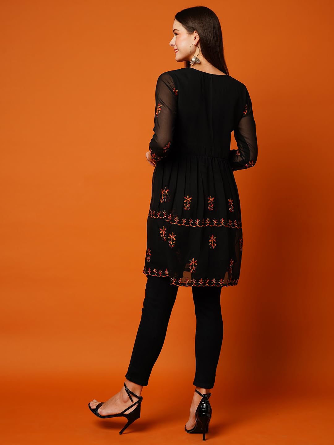 ANNI DESIGNER Women's Georgette Chikankari Embroidered Short A-Line Clothing Set
