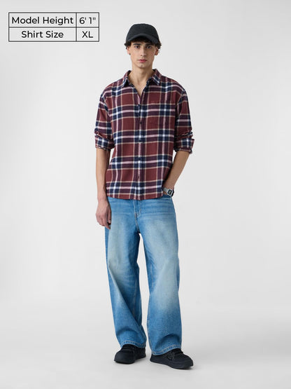 The Souled Store Plaid Shirt: Copper Men and Boys Long Sleeves Collared Neck Button Front Cotton Relaxed Fit Shirts