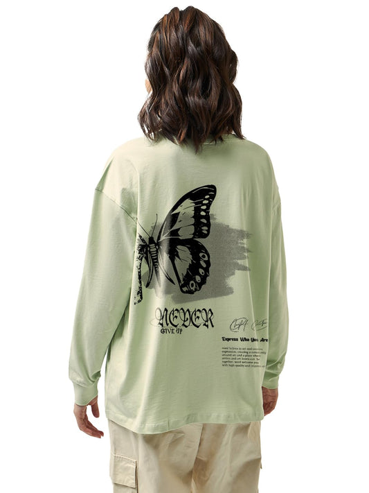 Bewakoof Womens Graphic Print Oversized Fit Full Sleeve Round Neck Cotton T-Shirt_628312_Green_XL