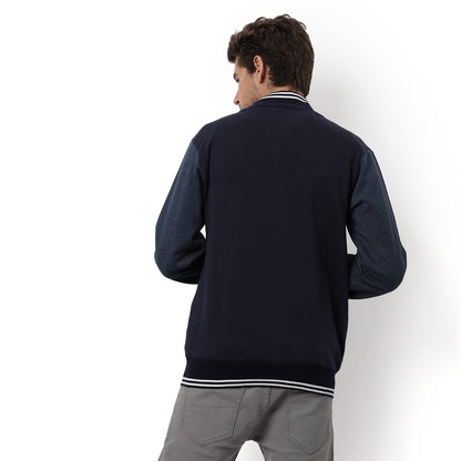 Campus Sutra Mens Dark-Washed Denim Regular Fit Cotton Varsity Jacket For Winter Wear | Low-Cut Standing Collar | Full Sleeve |