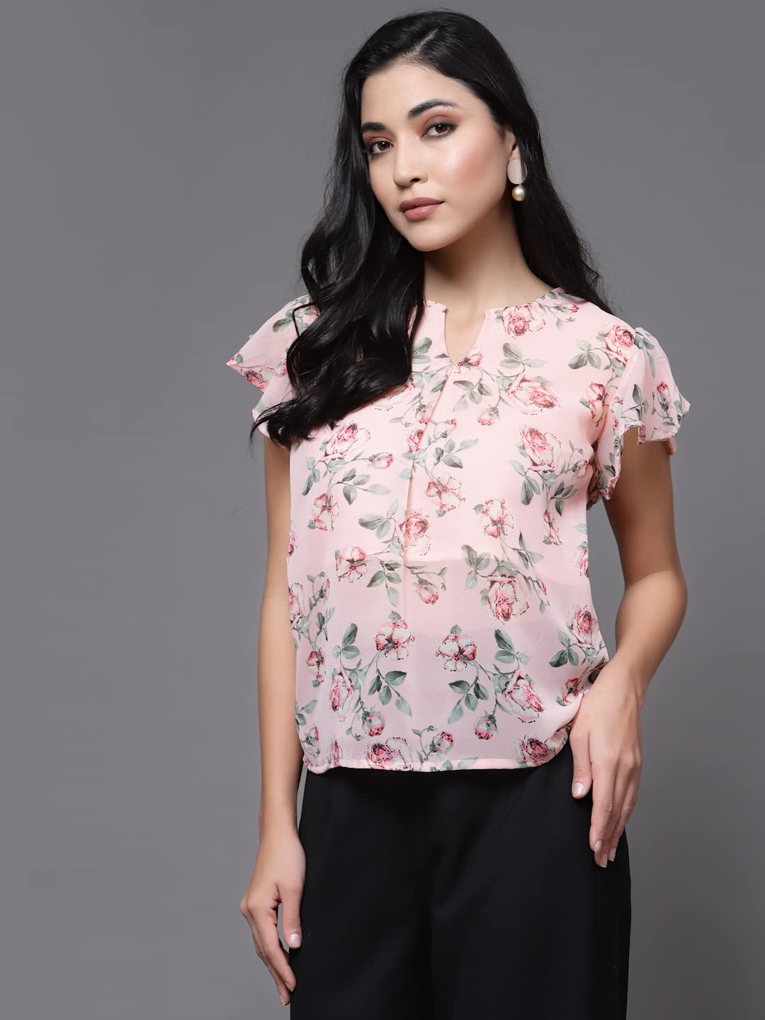 OOMPH! Womens Georgette Printed top with Keyhole Neck and Flutter Sleeve