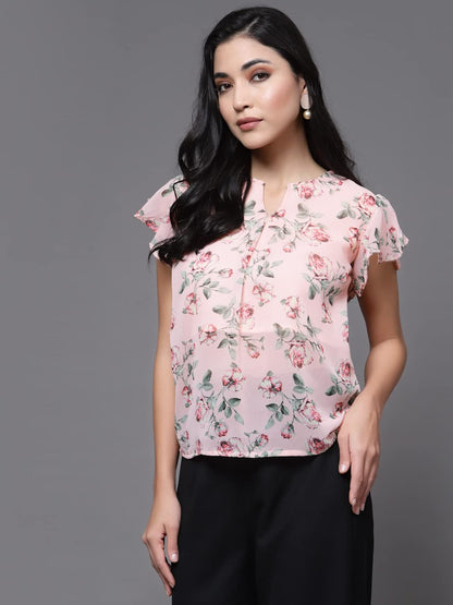OOMPH! Womens Georgette Printed top with Keyhole Neck and Flutter Sleeve