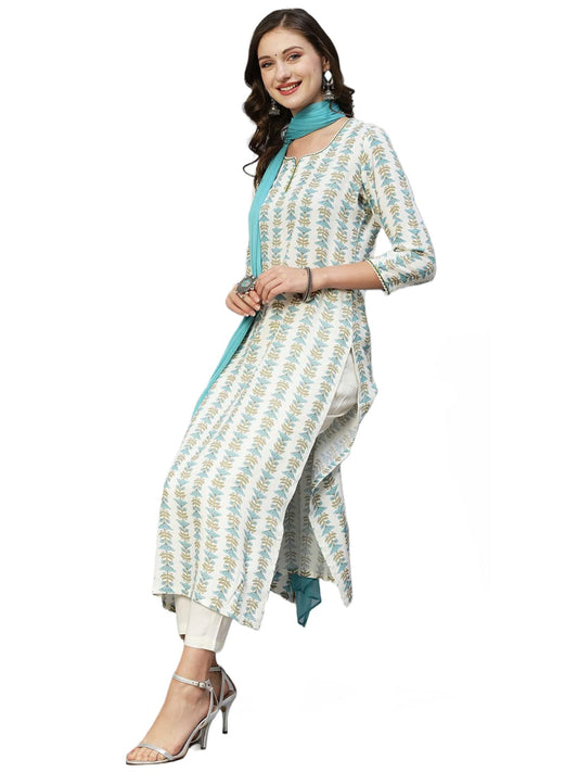 GoSriKi Women's Cotton Blend Straight Printed Kurta with Pant & Dupatta (April-Sky Blue-CGD-GS)
