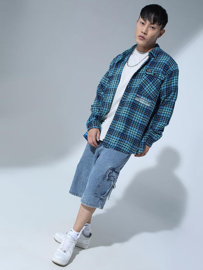 Hubberholme Men Blue Smart Casual Oversized Spread Collar Long Sleeves Shirt