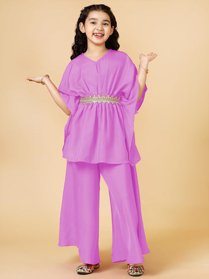 A.T.U.N. (ALL THINGS UBER NICE) Girls Solid Polysilk Mauve Kaftan with Flared Pant Set