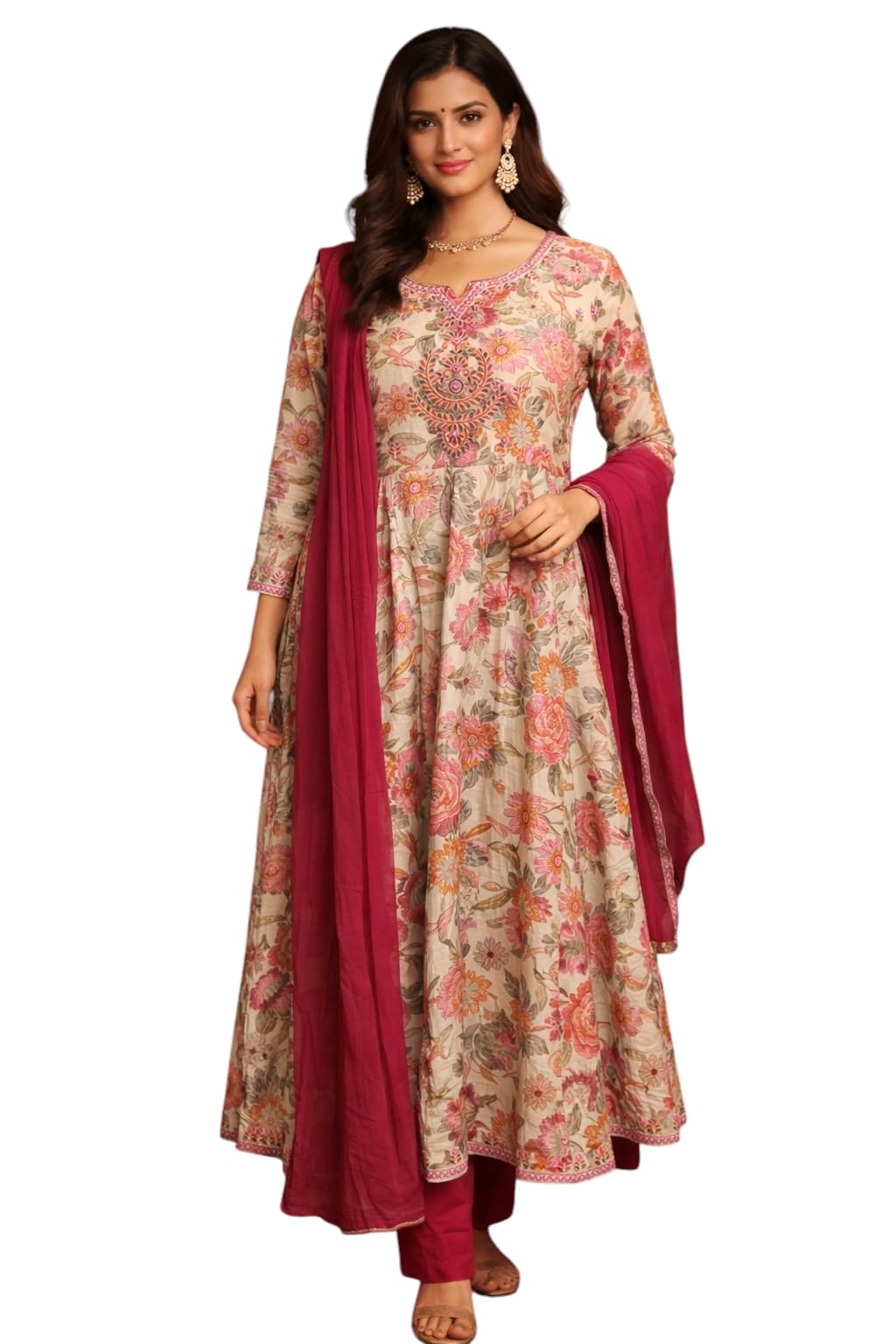 Aarika Womens Ethnic Wear Cream-Rani Colour Floral PrintMirror Embroidery Rayon Kurti & Pant Set-(S-XL)-(KP-W-KC-02503-CREAM-38)