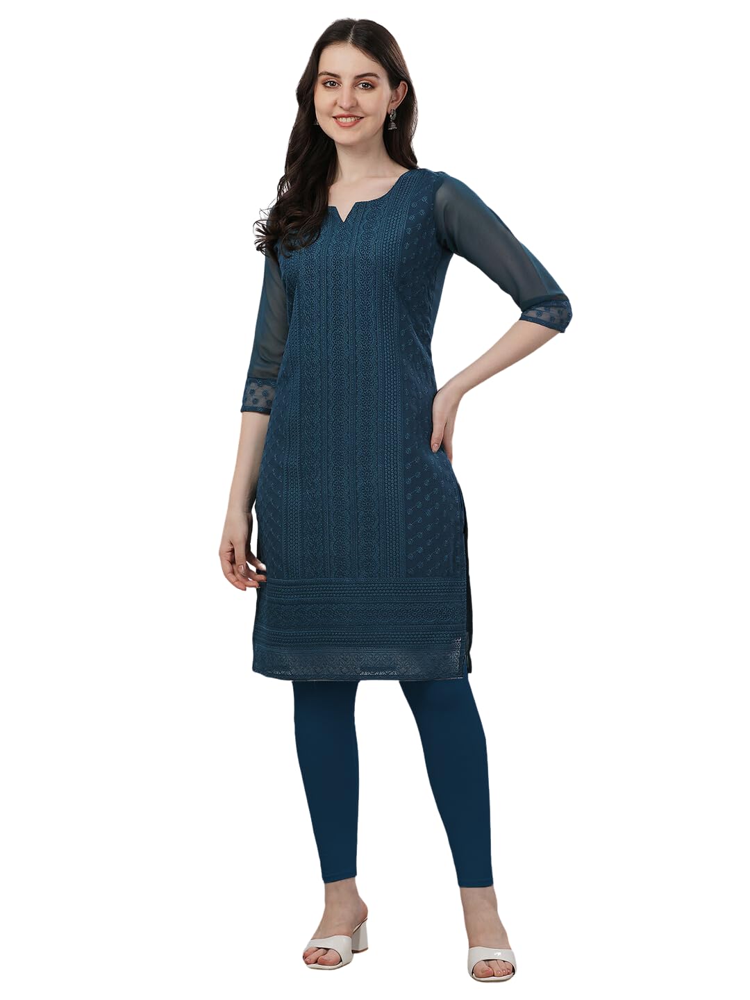 TRILLMIXA Womens Georgette Chikankari Embroidery Knee-Length Kurti for Girls Multicolour