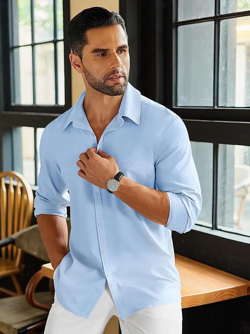CB-COLEBROOK Mens Long Sleeve Button Down Shirts Casual Cotton Linen Shirts Summer Beach Shirt for Mens Top (in, Alpha, M, Regu