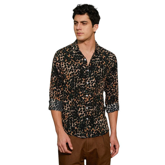 Campus Sutra Mens Yellow Ochre & Onyx Black Cheetah Imprint Shirt for Casual Wear | Spread Collar | Long Cuffed Sleeves | Butto