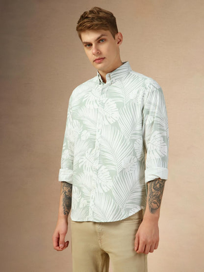 Dennis Lingo Men Green Printed Relaxed Fit Full Sleeve Button Down Collar Casual Shirt