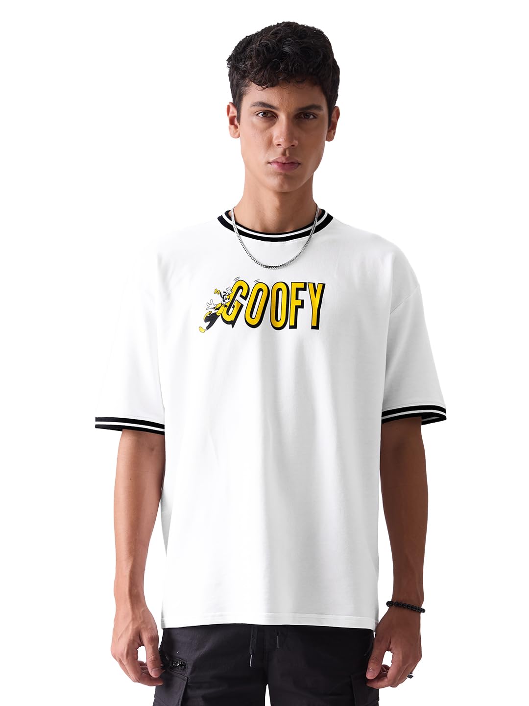 The Souled Store Official Disney: Goofy Mens and Boys Oversized fit Graphic Printed Half Sleeve Cotton White Color Oversized T-S