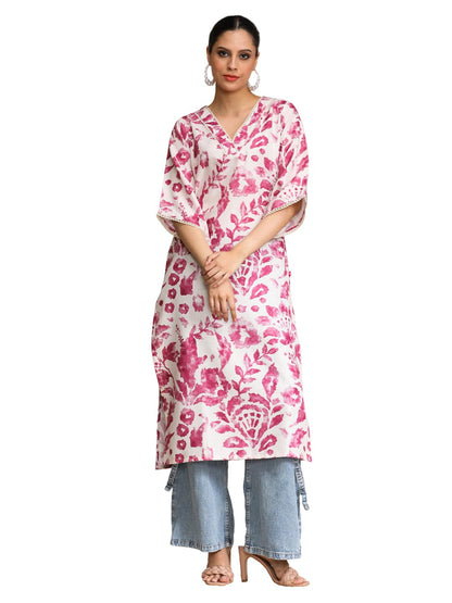 Varanga Abstract Printed V Neck Flared Sleeve Kurta White