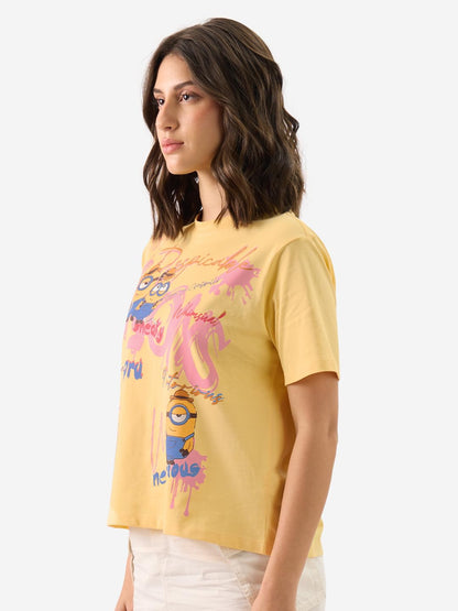 The Souled Store Official Minions: Notorious Women and Girls Short Sleeve Round Neck Yellow Graphic Printed Cotton Regular Fit T