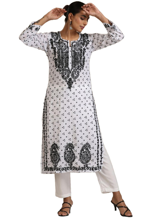 Gosriki WomenS Rayon Blend Straight Printed & Embroidered Kurta (Panaya-White-Vks04-Gs_Xl_White_X-Large)