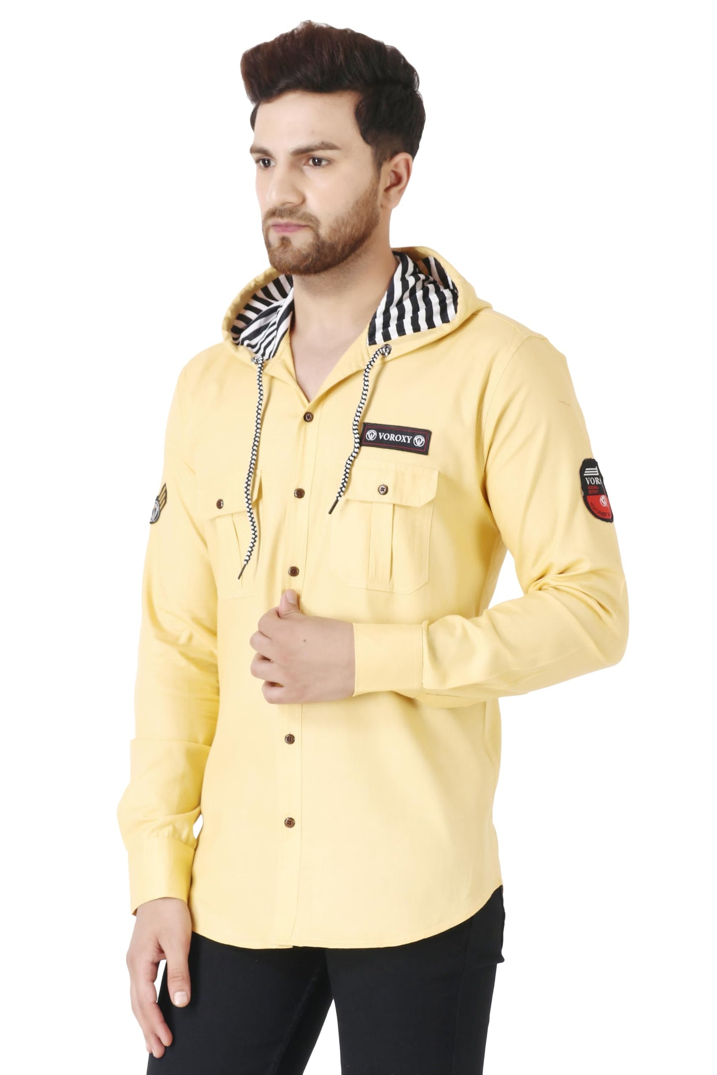 Besix MenS Gold Tailored Fit Cotton Blend Shirt For Man With Hoodie - Casual Long Sleeve Shirt With Pockets - Patch Detail For