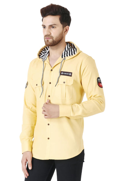 Besix MenS Gold Tailored Fit Cotton Blend Shirt For Man With Hoodie - Casual Long Sleeve Shirt With Pockets - Patch Detail For