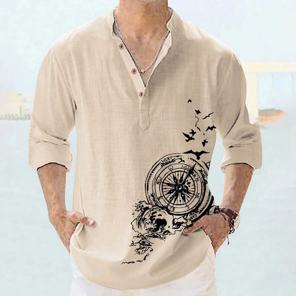 Deemoon MenS Cotton Blend Mandarin Collar Self One Design Full Sleeve Casual Short Kurta Beige