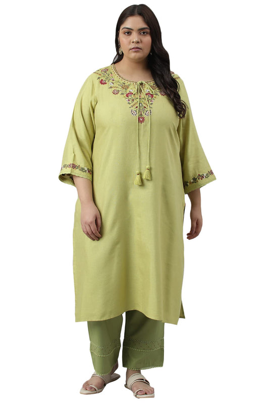 W for Woman Green Fusion Plus Size Embroidered Kurta