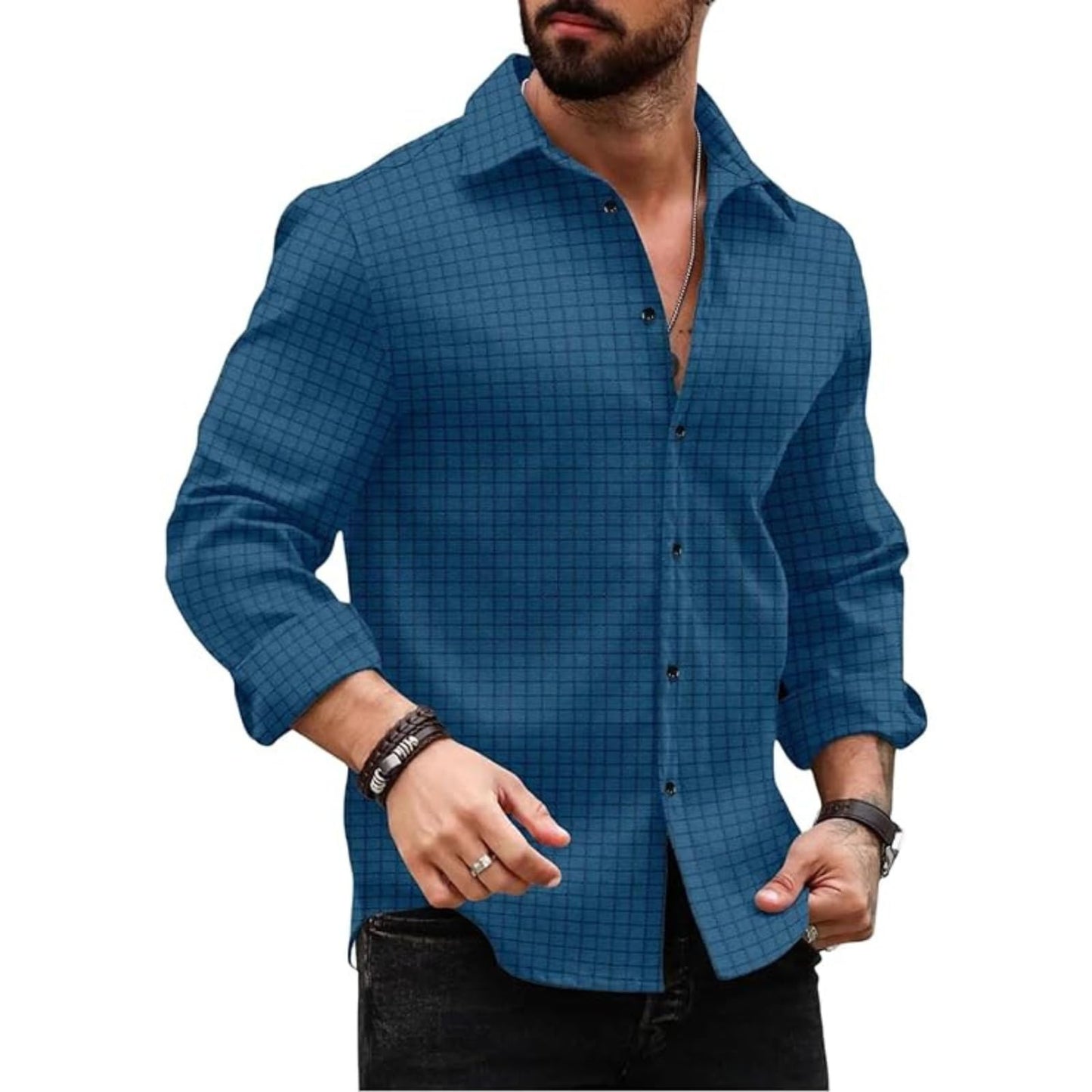 Deelmo MenS Regular Fit Checks Pattern Polyester Blend Shirt With Collared Neck Long Sleeve And Standard Length | Shirt For Man