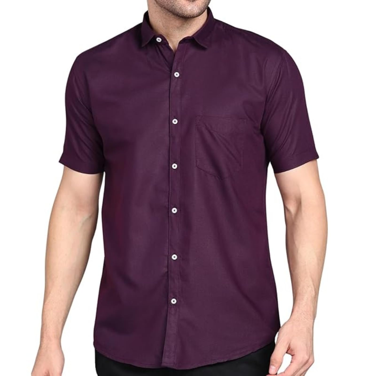 Mildin MenS Regular Cotton Blend Purple Slim Fit Solid Button Down Spread Collar Half Sleeve Curved Hemline Formal Shirt With O