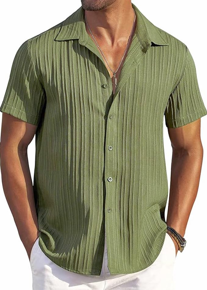 CB-COLEBROOK Mens Casual Button Down Soft Linen Shirts Short Sleeve Textured Summer Beach Shirts for Men (in, Alpha, L, Regular