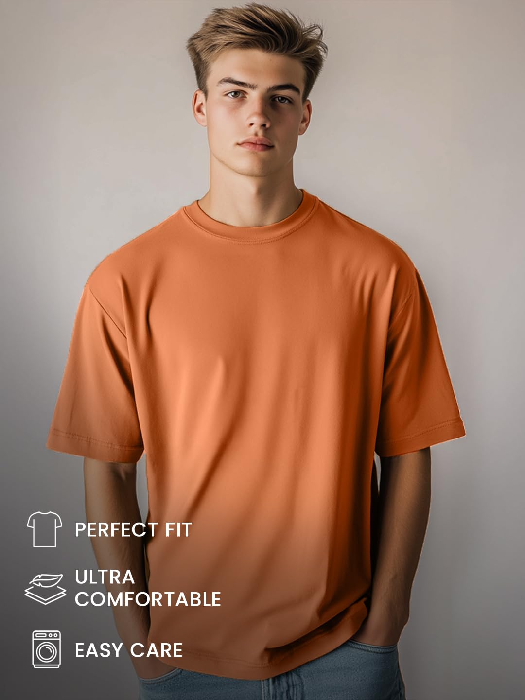 Nobero MenS Solid Oversized Fit T-Shirt (1M-Twts-R0039_Apricot Crush