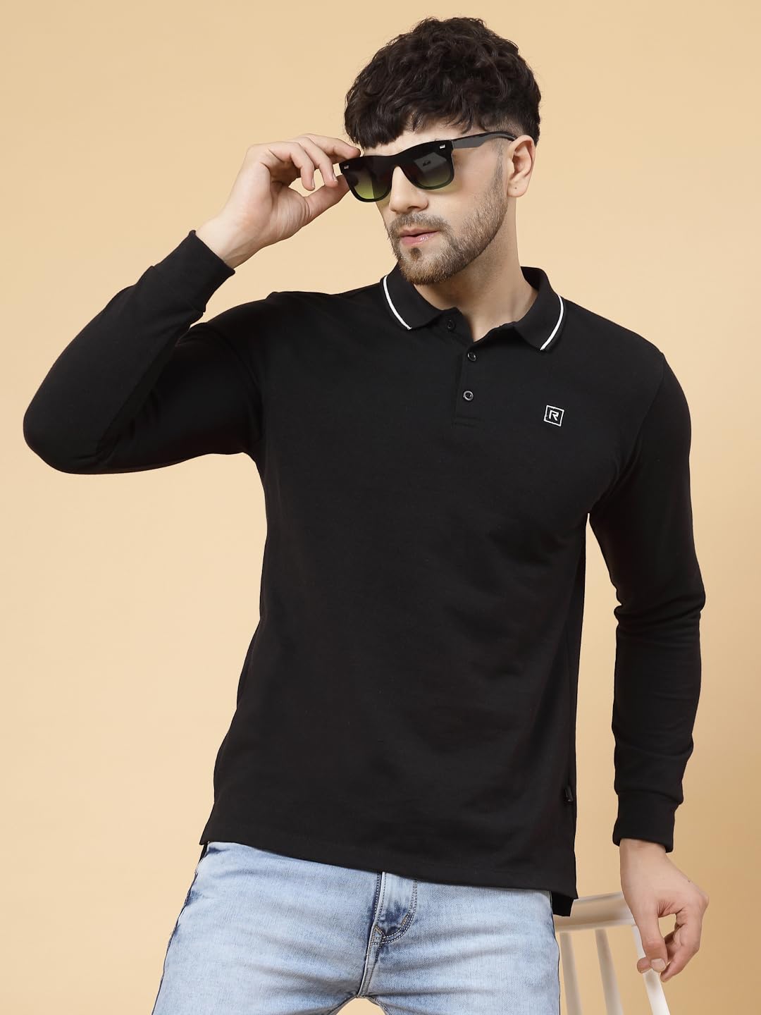 Rigo Full Sleeve Casual Wear Solid Polo T-Shirts for Men | Slim Fit Collar T-Shirts for Men Black