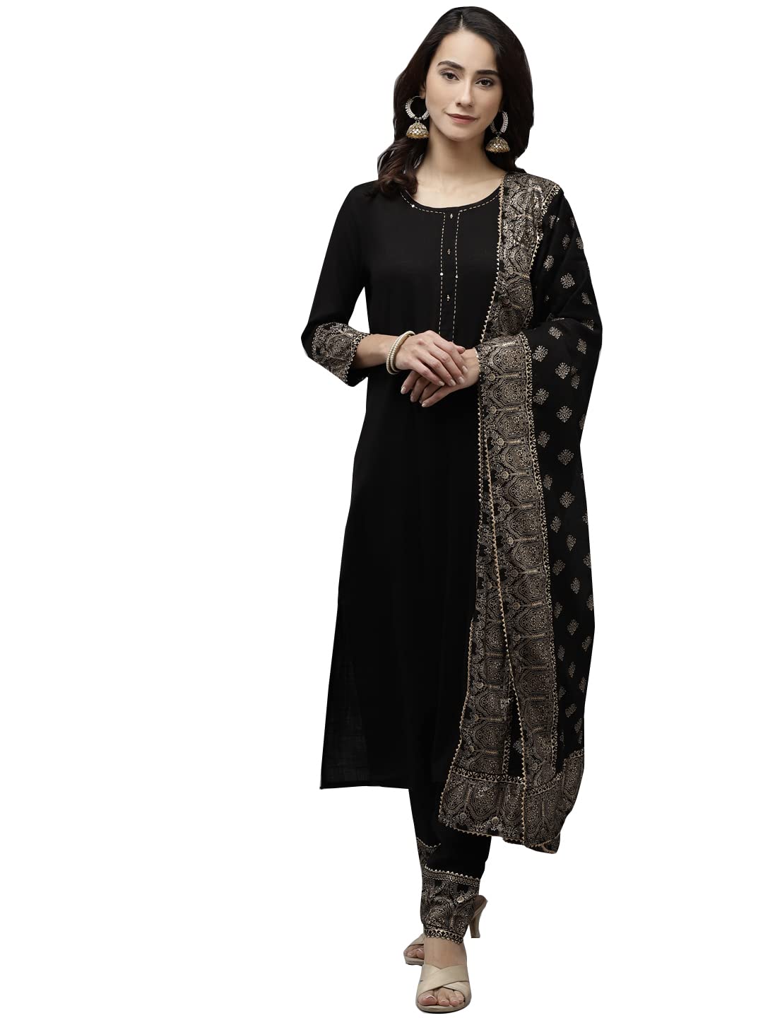 ishin Women's Viscose Rayon Solid Gotta Patti Black Ethnic Motifs Print Straight Kurta suit set With Dupatta & Trouser