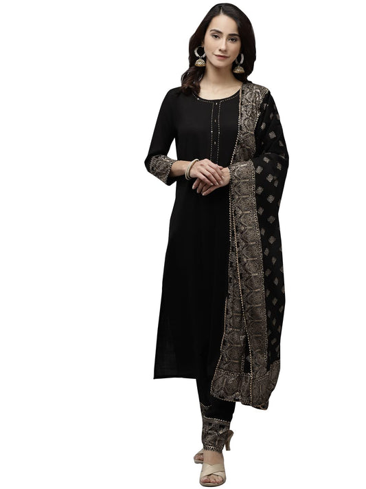 ishin Women's Viscose Rayon Solid Gotta Patti Black Ethnic Motifs Print Straight Kurta suit set With Dupatta & Trouser