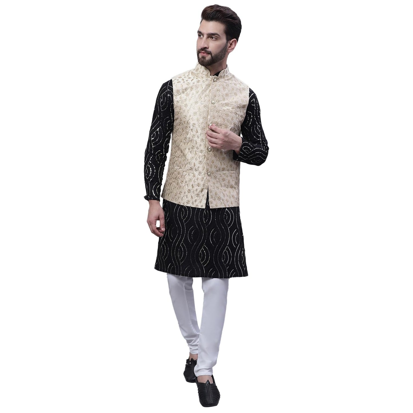 SOJANYA (Since 1958 Men's Pure Cotton Black Kurta and White Pyjama With Beige Embroidery Nehru Jacket