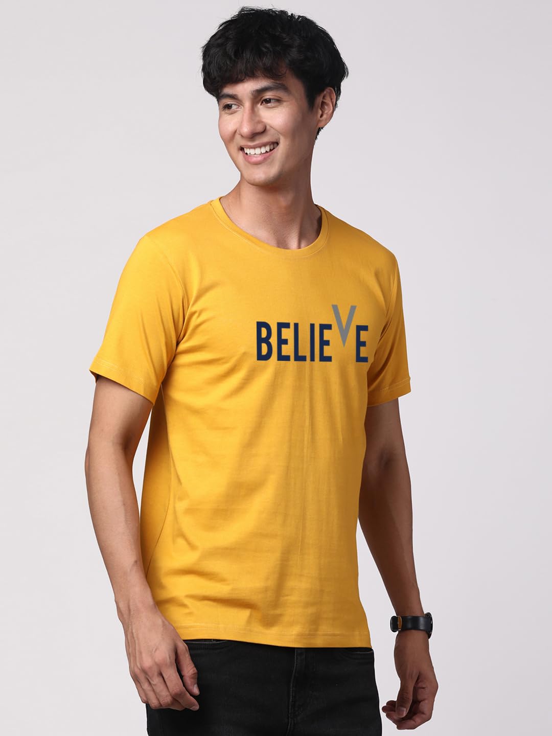 ADRO Believe Design Printed T-Shirt for Men (R22-M-BVV-MU_Mustard)