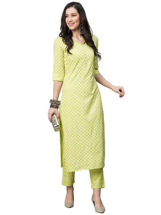 ANNI DESIGNER Women's Cotton Blend Printed Straight Kurta with Pant (CRY-Parrot)