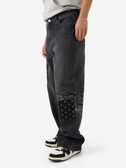 The Souled Store Denims: Bandana Patches Men and Boys Grey Straight Fit Cotton Jeans Casual Style Full-Length Comfortable Trouse